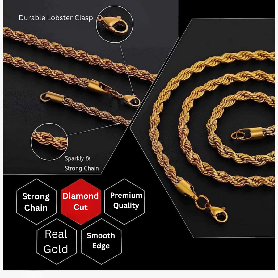 Collar de cadena tipo cuerda con corte de diamante de 24'' y 3,5 mm de oro amarillo de 14 k, 6,75 g